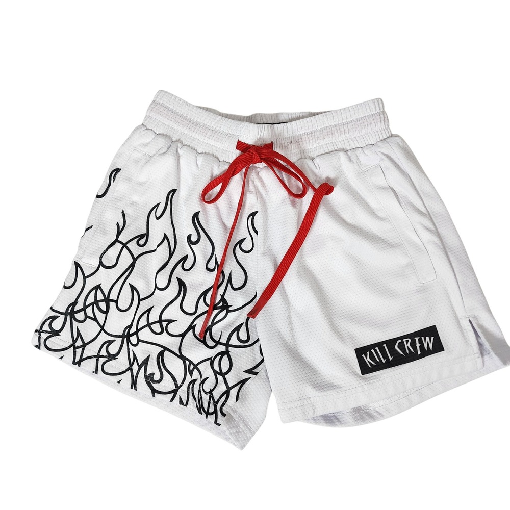 Kill Crew Mens XS Mesh Gym Shorts White Black Flame Graphic Red Drawstring Logo